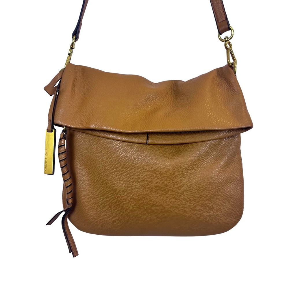 Vince Camuto Tan Pebbled Leather Foldover Crossbody Bag‎ Gold Hardware (C604)